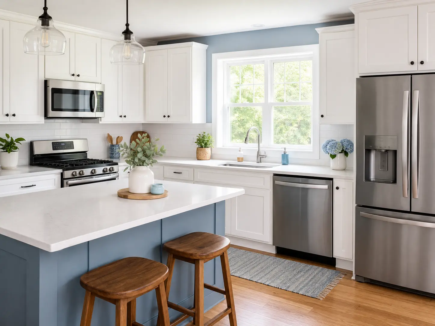 Freshly cleaned residential kitchen with light blue accents
