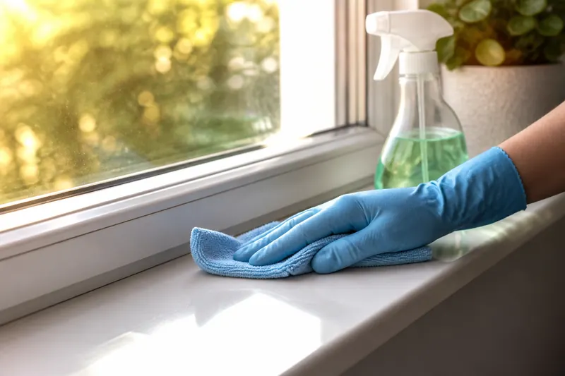 Detail cleaning of a window sill and glass with a microfiber cloth and eco-friendly cleaner