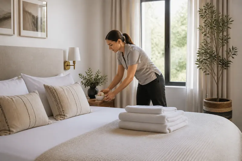 Guest-ready short-term rental bedroom prepared by an Airbnb turnover cleaning service