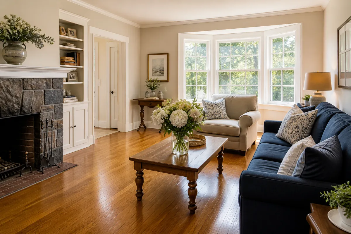 Freshly cleaned cozy Chambersburg PA living room with a navy sofa and gleaming hardwood floors