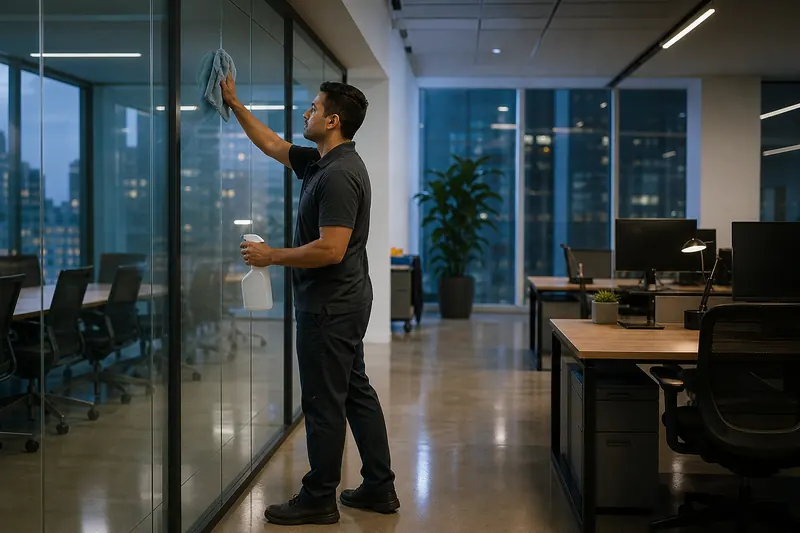 Commercial cleaning service wiping a glass wall in a modern office after hours