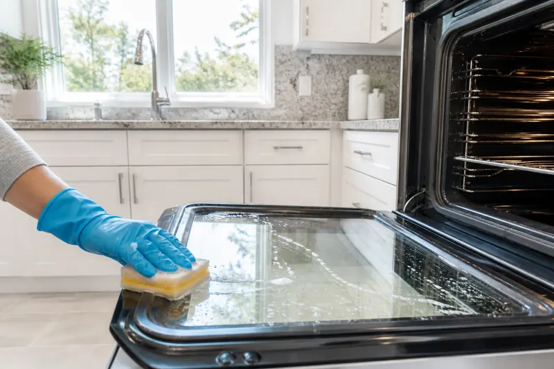 Deep cleaning service scrubbing a stainless steel oven in a sparkling Chambersburg PA kitchen