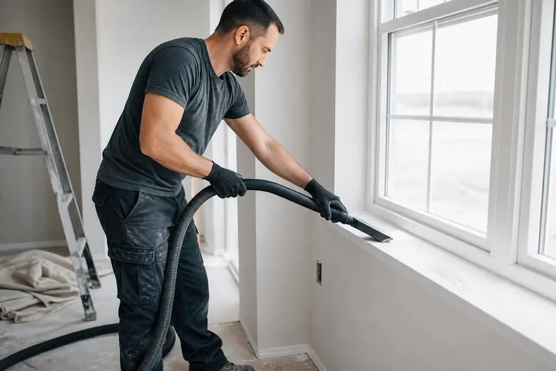Post-construction cleaning removing fine dust from a newly renovated room