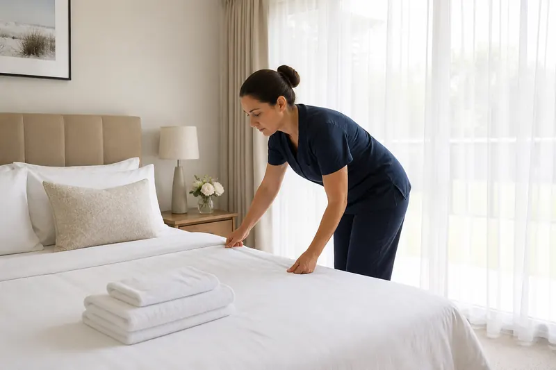 Recurring cleaning service making a bed with fresh white sheets in a Chambersburg PA home
