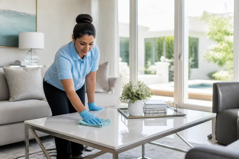 Professional house cleaner wiping a coffee table in a bright Chambersburg PA living room